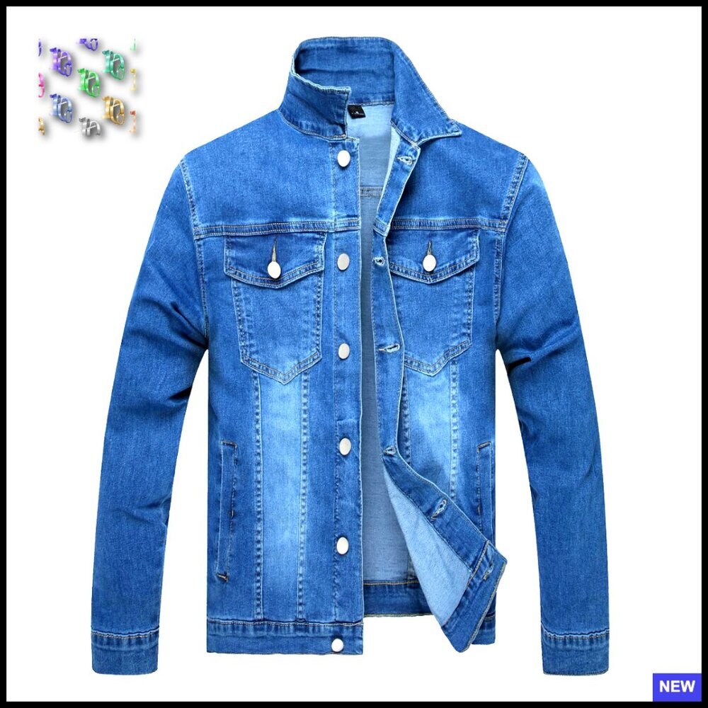 Denim Jacket Slim Fit Stretchy Classic Mens Lightweight Long Sleeve Button Up